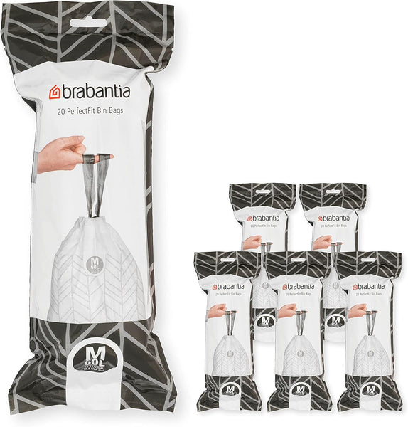 Brabantia Perfectfit Bin Liners (Size G/23-30 Litre) Thick Plastic Trash Bags with Tie Tape Drawstring Handles (40 Bags)