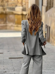 New Women'S Product: Lined Plaid Suit Jacket Top + Plaid Wide-Leg Pants Suit, Fashionable And Elegant for Commuting, Going Out, Professional Office, Street Style, Airport Daily Wear Suit Two-Piece Set, Suitable for Spring And Autumn Wear