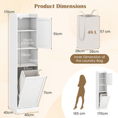 GYMAX 170 CM Bathroom Cabinet, Tall & Slim Linen Tower with Storage, Adjustable Shelf, Laundry Bag with Long & Short Handles, Open Shelf, Freestanding Laundry Cabinet, White