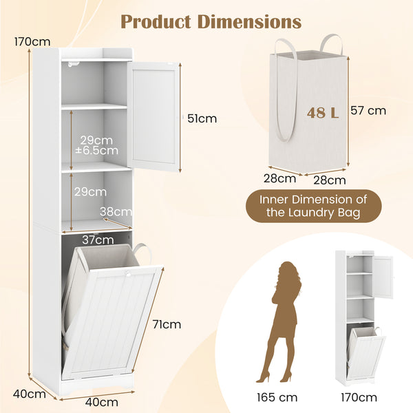 GYMAX 170 CM Bathroom Cabinet, Tall & Slim Linen Tower with Storage, Adjustable Shelf, Laundry Bag with Long & Short Handles, Open Shelf, Freestanding Laundry Cabinet, White