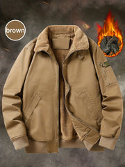 Men'S Fleece Lined Utility Jacket, Winter Outdoor Windproof Coat Warm Cold Weather Gear, Casual Athletic Trench Coat, Comfortable Fleece-Lined Thickened Jacket, Arm Sleeves with Zipper Pockets, Letter Print
