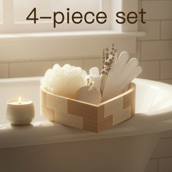 Boxed Heart-Shaped Bath Set - A wooden spa gift kit for bathrooms, featuring a heart-shaped wooden bucket. Includes a loofah, pumice stone, massager, and brush. This natural relaxation and body care kit is ideal for home use and bathroom decoration.