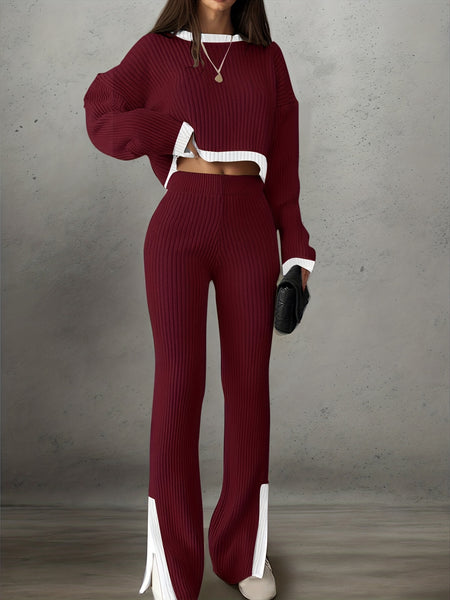 Women'S Short Color-Blocked Long-Sleeve Top with Solid Color Pants, a Casual And Stylish Outfit for Christmas