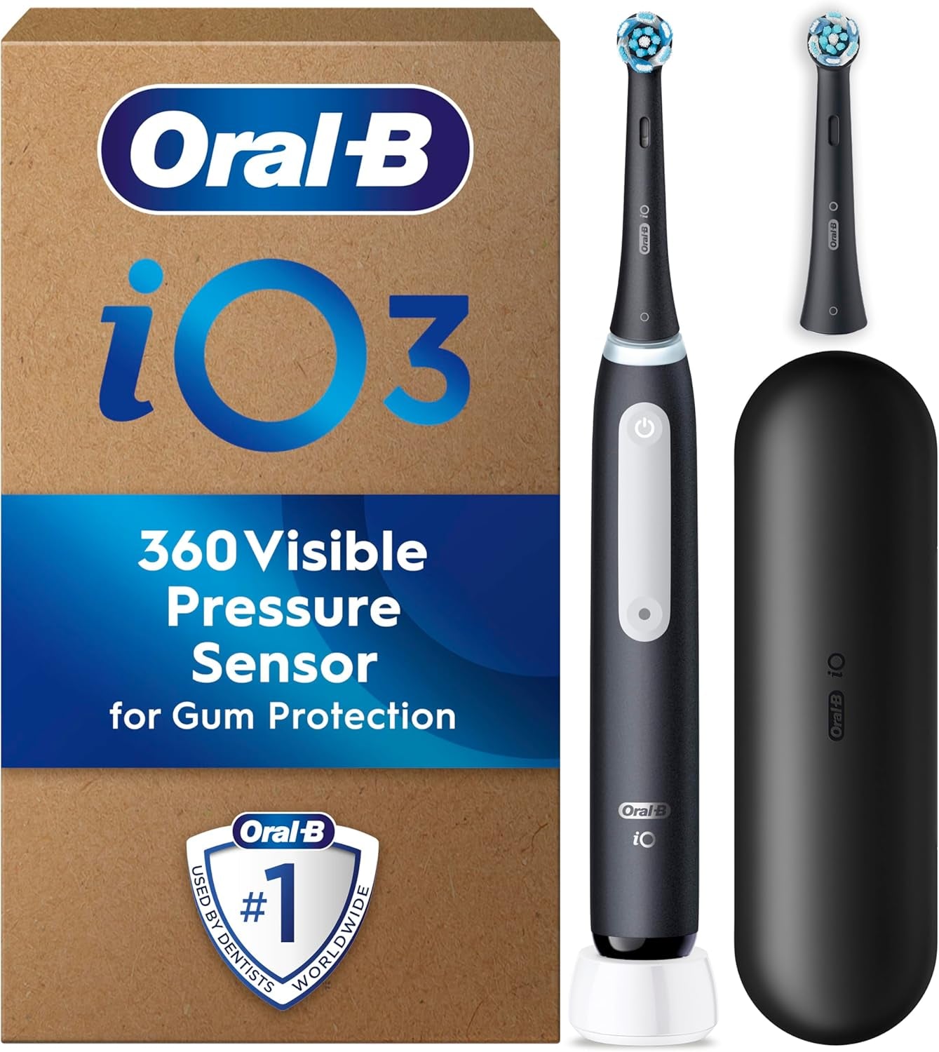 Oral-B Io3 Electric Toothbrush, 2 Toothbrush Heads, Pressure Sensor, Toothbrush for Adults with Travel Case, Gift Ideas for Him/Her, Matt Black, UK 2 Pin Plug