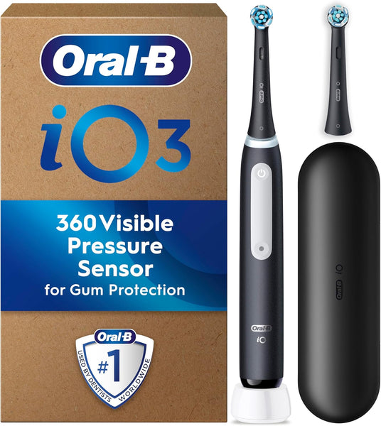 Oral-B Io3 Electric Toothbrush, 2 Toothbrush Heads, Pressure Sensor, Toothbrush for Adults with Travel Case, Gift Ideas for Him/Her, Matt Black, UK 2 Pin Plug