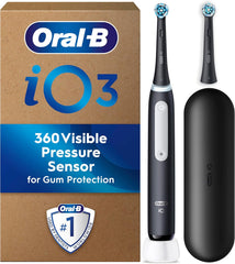 Oral-B Io3 Electric Toothbrush, 2 Toothbrush Heads, Pressure Sensor, Toothbrush for Adults with Travel Case, Gift Ideas for Him/Her, Matt Black, UK 2 Pin Plug