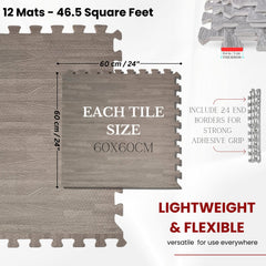 Samuel Alexander 12 Piece Grey Wood Effect EVA Foam Floor Protective Tiles Mats 60x60cm Each Set For Gyms, Kitchens, Garages, Camping, Kids Play Matting, Flooring Mats Set Covers 4.32 sqm (46.5 sq ft)