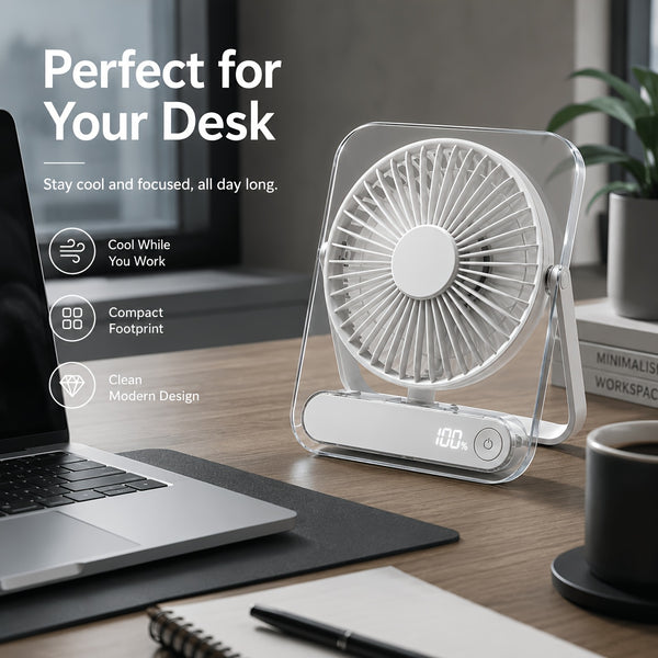 Portable USB Rechargeable Desk Fan with 5000mAh Battery - Ultra-Quiet 5-Speed Adjustable 180° Foldable Design, Digital Power Display, Acrylic Material for Home Office Travel, Versatile Cooling Device, Lightweight Cooling Fan-Gift