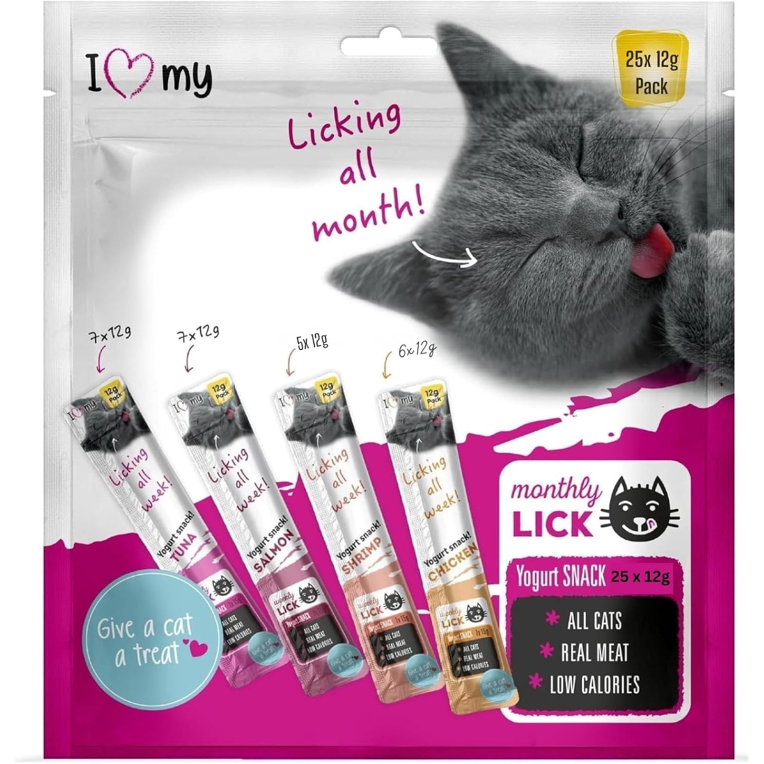 Cat Yoghurt Lickable Treats (25 Pack) Mixed Variety - Chicken, Salmon, Tuna & Shrimp – Creamy Cat Treats Made with Real Meat – 12g Each 4 Flavours