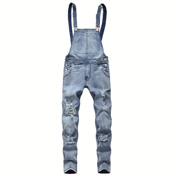 Men's Slim Fit Suspender Jeans, Teen Boys' Denim Pants, Trendy Fashion Versatile Solid Color Classic