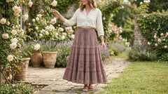 Women’s Vacation Tiered Maxi Skirt Elastic Waist Floral Embroidery Ruffle Hem - 20001