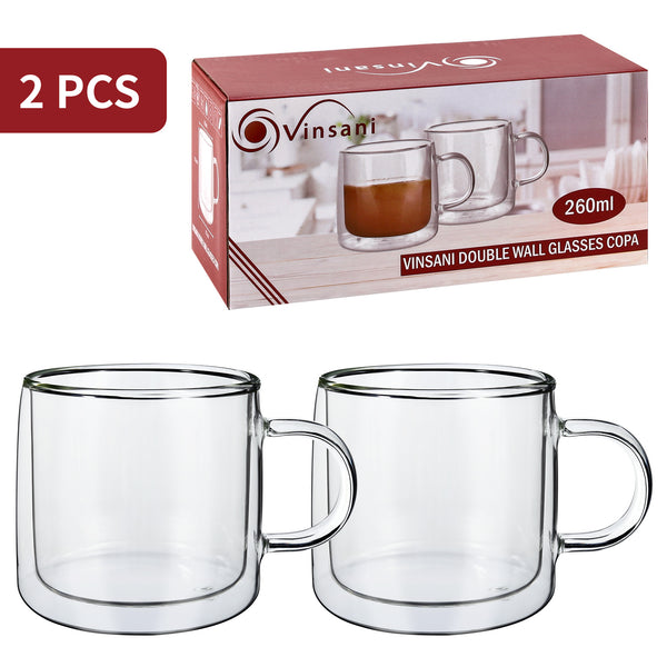 Vinsani Double Walled Coffee Drink Glasses Tea Cup Mug Heat Cold Resistant Aesthetic Clear Borosilicate Glass with Handle Cappuccino Latte Tea Dessert Hot and Cold Drinks