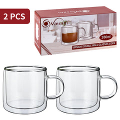 Vinsani Double Walled Coffee Drink Glasses Tea Cup Mug Heat Cold Resistant Aesthetic Clear Borosilicate Glass with Handle Cappuccino Latte Tea Dessert Hot and Cold Drinks