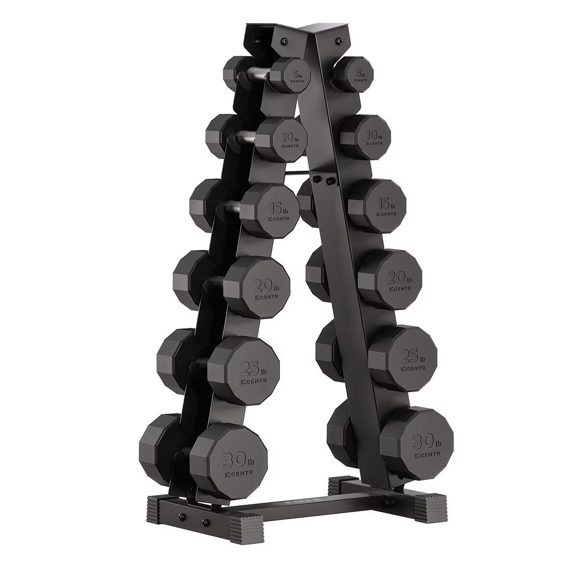 Centr 210Lbs (95Kg) Rubber Dumbbell Set with Weight Rack