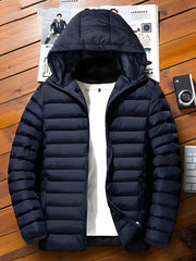 Men's Solid Hooded Jacket for Fall Winter, Men's Casual Zip Up Warm Quilted Jacket Warm And Comfortable Stylish Leisure Clothing for Outdoors.