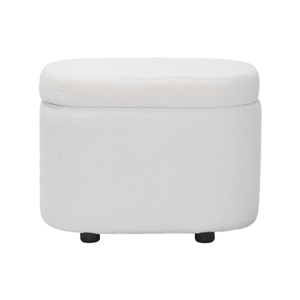 1pc Plush Teddy Round Upholstered Storage Ottoman Stool - 60x40x45cm Lidded Footrest with Hidden Storage Space | Multi-Functional Shoe Changing Bench for Living Room, Bedroom & Entryway | 3cm Black Plastic Legs (Green/White)