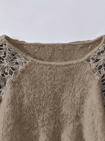 Women's Hollow-Out Lace Off-Shoulder Lace Sleeve Patchwork Pullover Sweater, Fluffy and Elegant