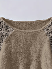 Women's Hollow-Out Lace Off-Shoulder Lace Sleeve Patchwork Pullover Sweater, Fluffy and Elegant