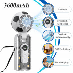 Portable Handheld Turbo Fan with Ice Cooler, 5-Speed Wind, Soccer-Shaped Mini Personal Fan, 3600Mah Football Rechargeable Pocket Fan for Travel/Outdoor/Office, 180° Adjustable