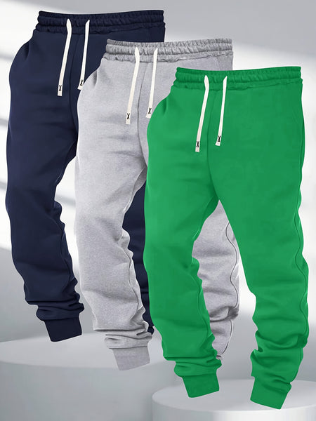 Three-pc Men's Solid Color Plain Elastic Waistband Drawstring Ribbed Cuffed Casual Jogger Pants, Men's Dress Administrative Trousers