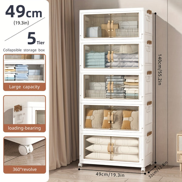 Large Foldable & Stackable Storage Cabinet with Wheels - Heavy-Duty Suitable for, Office, Dorm System, 2/3/4/5-Tier Plastic Shelving Unit with Lids, Space-Saving Foldable for Wardrobe, Bathroom, Freestanding Use