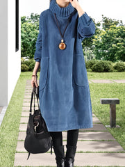 Women'S Elegant Corduroy Dress - Long Sleeve Turtleneck Loose Fit Winter Warm Dress with Pockets, Solid Color (Navy/) - Cozy Fall/Winter