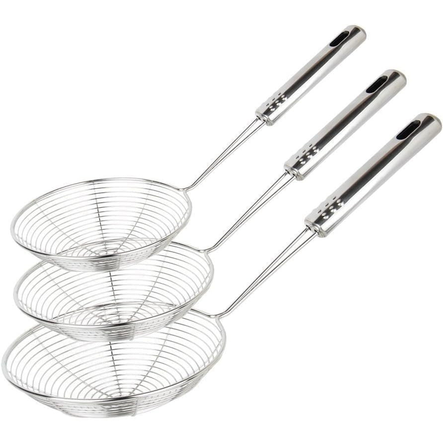 3pcs Kitchen Tools Stainless Steel Spider Strainer Set - for 15cm, 17cm, 19cm - Durable Metal Skimmers with Long Handles - Food-Safe Skimming Spoons for Frying, Pasta - with Hanging Loop