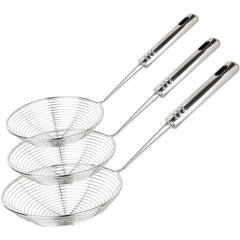 3pcs Kitchen Tools Stainless Steel Spider Strainer Set - for 15cm, 17cm, 19cm - Durable Metal Skimmers with Long Handles - Food-Safe Skimming Spoons for Frying, Pasta - with Hanging Loop