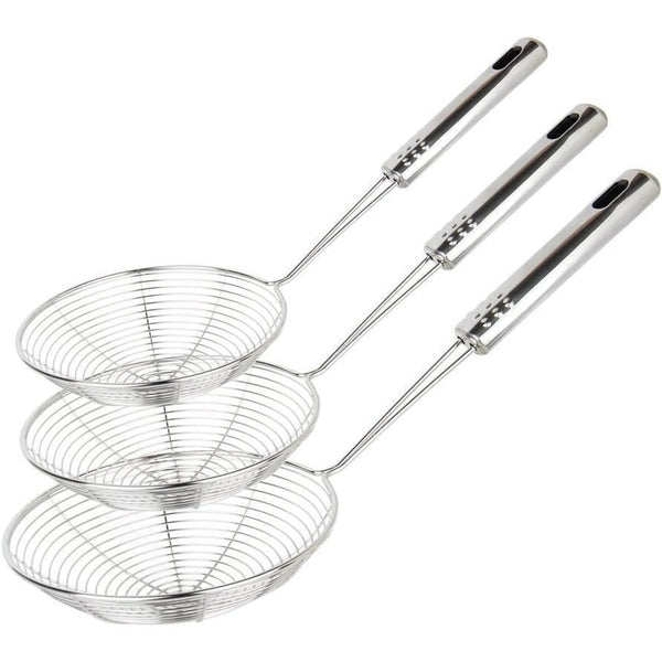 3pcs Kitchen Tools Stainless Steel Spider Strainer Set - for 15cm, 17cm, 19cm - Durable Metal Skimmers with Long Handles - Food-Safe Skimming Spoons for Frying, Pasta - with Hanging Loop