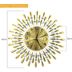 Crystals 60cm Large Metal Wall Clock – Luxury Sunburst Design, Handcrafted Diamante Beaded Clock for Living Room, Modern Decorative Wall Clock for Home & Office (Silver)