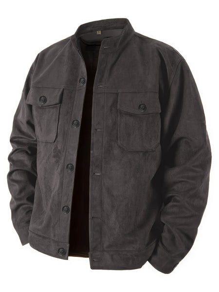 Men'S Casual Velvet Jacket with Pockets, Casual Long Sleeve Stand Collar Button-Up Coat