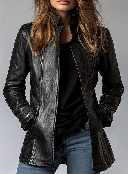 PU Spring, Summer, And Autumn Casual Pocket Slim Mid-Length Cardigan Jacket, Retro Long-Sleeved Motorcycle Jacket, Stand-Up Collar Style, Women'S Zippered Cardigan, Long-Sleeved Top, Ideal for Outings, Commuting, And Parties