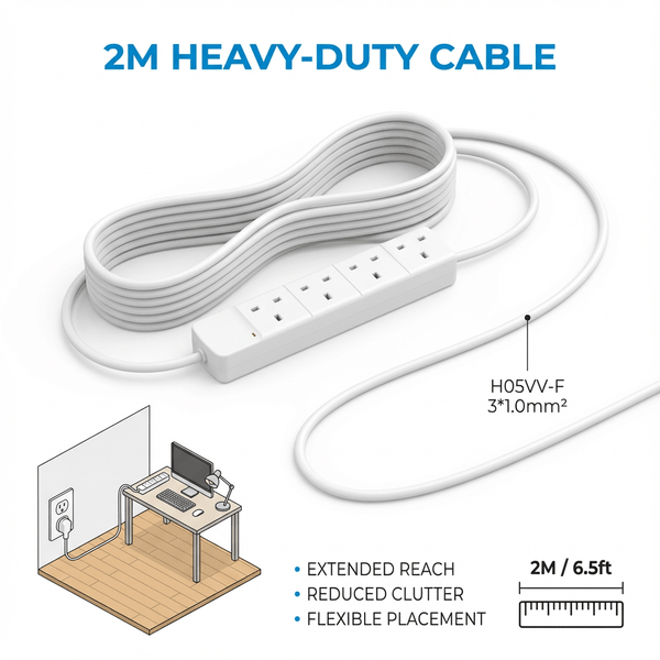 MTK 4 Way Power Strip Extension Lead with 2M Cable, 13A 3000W Max Safety Overload Protection, Fire-Resistant PP White Extension Socket for Home Office Travel Computer & Appliances