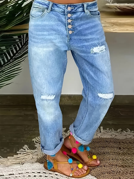 Women's Casual Ripped Hole Straight-barrel Multi-button Pants