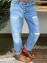 Women's Casual Ripped Hole Straight-barrel Multi-button Pants