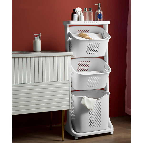 1pc, White Triple Layered, Bathroom Dirty Clothes Sorting Storage Basket, Household Multi-Purpose Laundry Changing Storage Basket, Fruit And Vegetable Snack Toy Storage Basket, Large Capacity to Save Space, with 4 Swivel Wheels, Smooth And Flexible Moveme