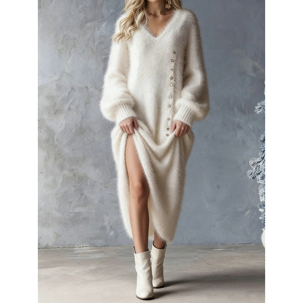 2026 Autumn and Winter V-neck Loose Lazy Style Button Decoration Slit Dress Temperament