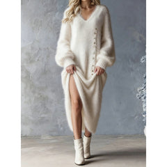 2026 Autumn and Winter V-neck Loose Lazy Style Button Decoration Slit Dress Temperament