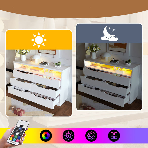 Marbled 6-Drawer Sideboard, Modern Storage Cabinet with Lighting & Shelves, Chest of Drawers for Living Room Home Office, 85 x 120 x 40 cm, White