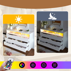 Marbled 6-Drawer Sideboard, Modern Storage Cabinet with Lighting & Shelves, Chest of Drawers for Living Room Home Office, 85 x 120 x 40 cm, White