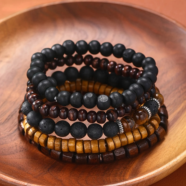 12pcs Men'S Bohemian Vintage Bracelet Set| Faux Leather Woven with Tiger Eye& Moonstone Beads| Multi-Layer Stackable Design| Casual& Party Jewelry| Trendy Boho Chic Accessories, Casual Attire, Gift for Men, Bohemian Style, Handcrafted Bracelets