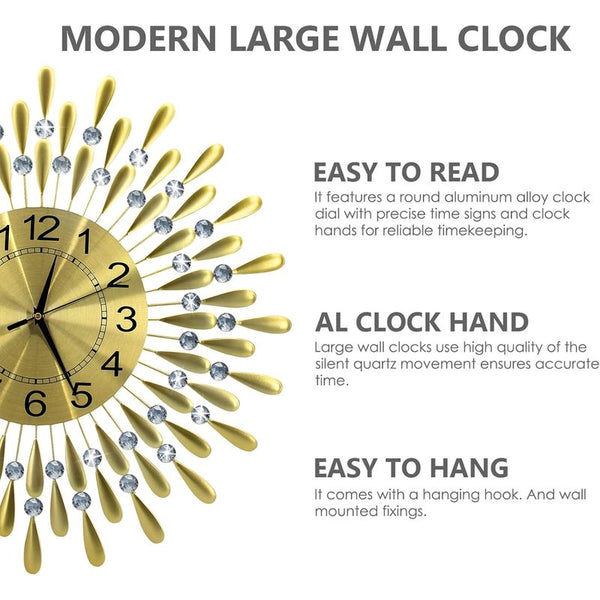 Crystals 60cm Large Metal Wall Clock – Luxury Sunburst Design, Handcrafted Diamante Beaded Clock for Living Room, Modern Decorative Wall Clock for Home & Office (Silver)
