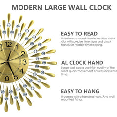 Crystals 60cm Large Metal Wall Clock – Luxury Sunburst Design, Handcrafted Diamante Beaded Clock for Living Room, Modern Decorative Wall Clock for Home & Office (Silver)