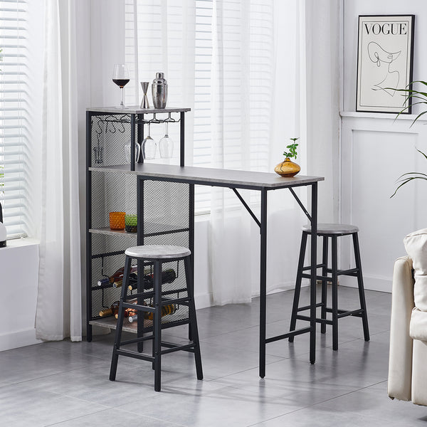 3pcs Bar Table and Stools Set, Kitchen Breakfast Bar Table and Chairs Set 2 with Cup Holder and Wine Rack, Bar Table Sets Furniture for Kitchen, Dining Room, Pub, Cafe