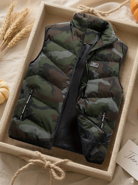 Men's Premium Camouflage Vest, Lightweight Warm Sleeveless Winter Jacket with Zippered Pockets and Stand-up Collar, Breathable Camo Outdoor for Hiking, Hunting, Camping, Fishing - Layered Clothing Style, Perfect as a Holiday Gift