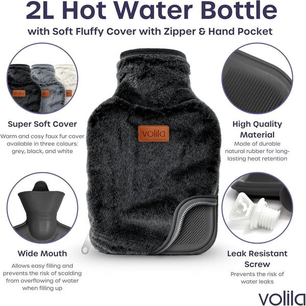 Hot Water Bottle - 2L Hot Water Bottle for Pain Relief, Hand and Foot Warmer - Luxury, Soft and Washable Hot Water Bag for Hot and Cold