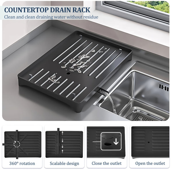 2 Tier Dish Drainer Rack for Kitchen Counter - Space-Saving Dish Rack with Utensil Holder and Cutting Board Holder Large Capacity Drying Rack with Draining Board, Black