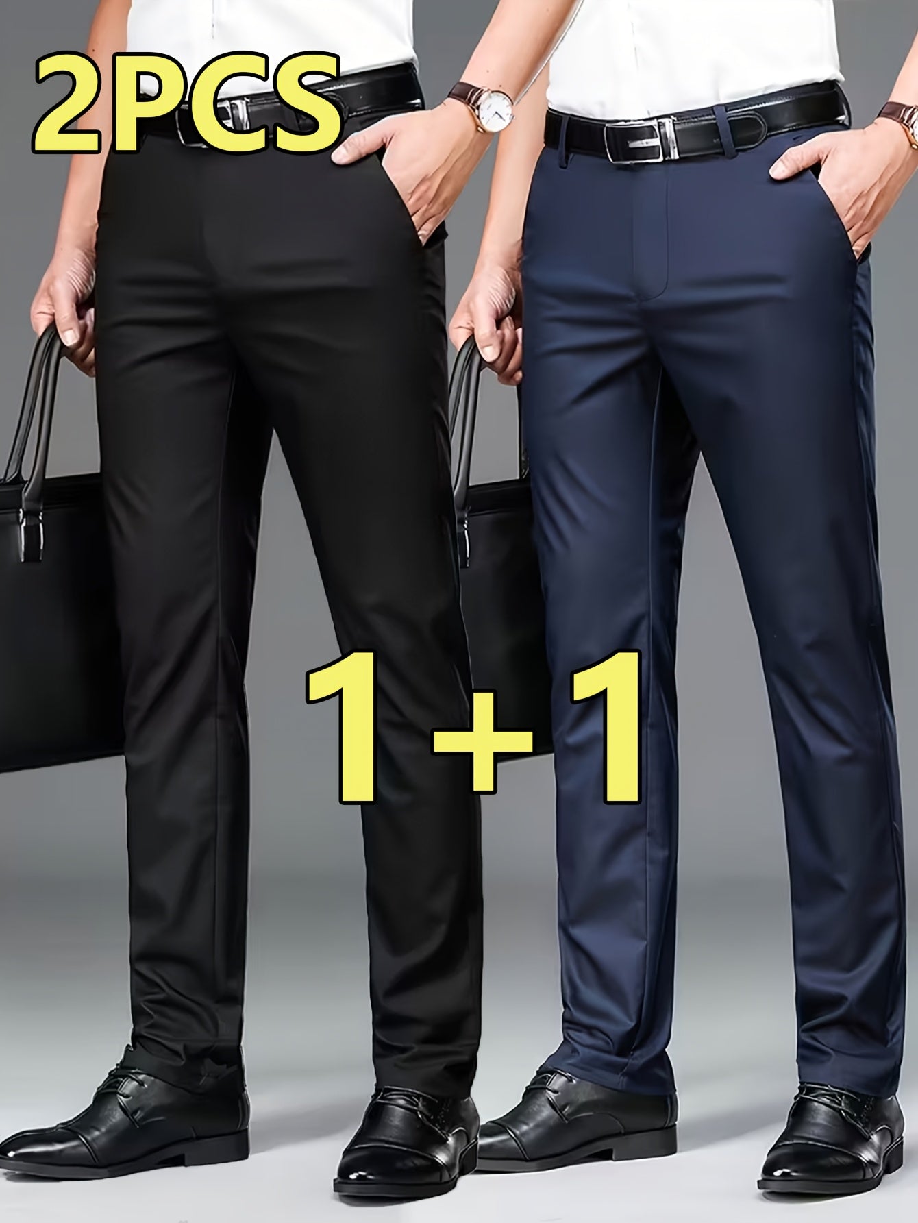 2pcs Men's Professional Business Dress Pants, Office Trousers with Stretch, Versatile Black Straight-Leg Casual Pants for Work