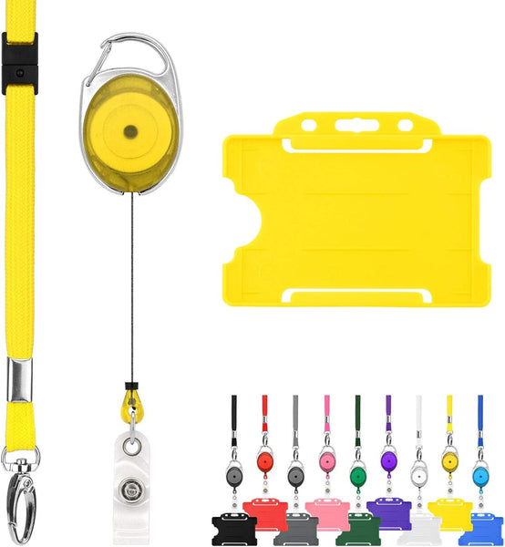 Retractable Lanyard and Badge Holder Trio Triple Pack by Lanyardstomorrow - Set Includes a Single Plain Lanyard, Extendable Carabiner Yoyo Reel Clip and Rigid ID Card Holder (Black)