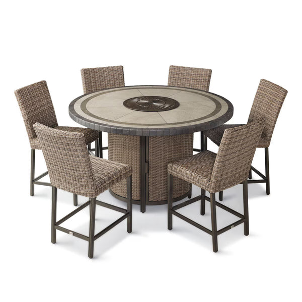 Agio Anderson 7 Piece Wicker High Dining Fire Set with Padded Chairs + Cover